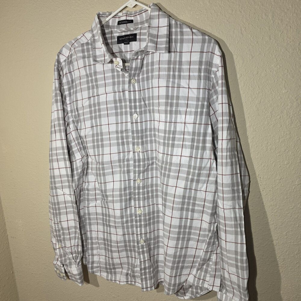 Banana Republic Shirt Mens Medium Slim White Plaid 100% Linen Long Sleeve Button